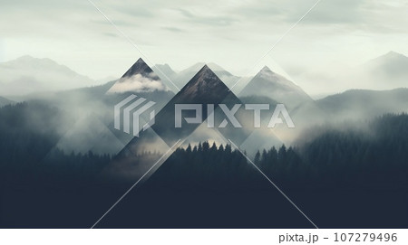 Aerial view of mountains with trees and storms in the background, in the style of romanticism vintage photo. Dull misty day hills landscape, geometrical shapes 107279496