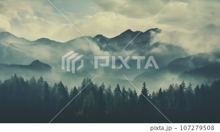 Aerial view of mountains with trees and storms in the background, in the style of romanticism vintage photo. Dull misty day hills landscape Aerial view of mountains with trees and storms in the background, in the style of romanticism vintage photo. Dull misty day hills landscape 107279508