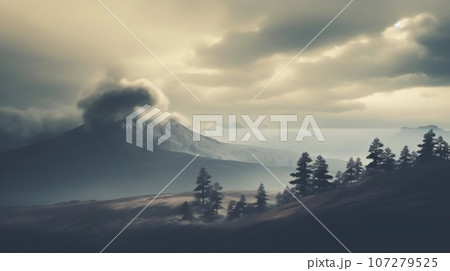 Aerial view of mountains with trees and storms in the background, in the style of romanticism vintage photo. Dull misty day hills landscape 107279525