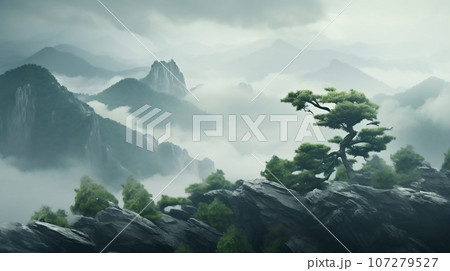 Aerial view of mountains with trees and storms in the background, in the style of romanticism vintage photo. Dull misty day hills landscape 107279527