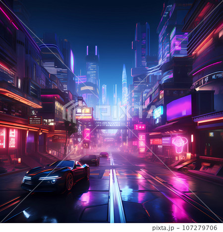 Cyberpunk Retro Futuristic City with Neon Lights Cyberpunk Retro Futuristic City with Neon Lights 107279706