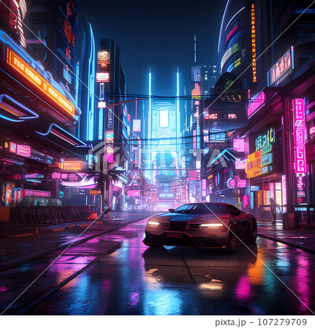Cyberpunk Retro Futuristic City with Neon Lights Cyberpunk Retro Futuristic City with Neon Lights 107279709