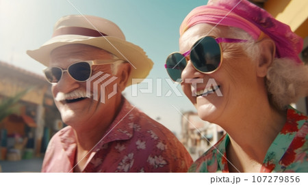 Happy elderly couple, wearing sunglasses and summer clothes, walking down the street Happy elderly couple, wearing sunglasses and summer clothes, walking down the street 107279856