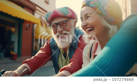 Happy senior couple, in bright clothes, riding a bicycle Happy senior couple, in bright clothes, riding a bicycle 107279869