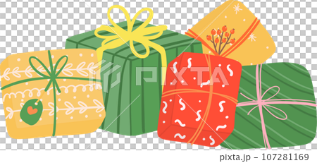 Cute Christmas gift boxes, stack of festive and playful present boxes Cute Christmas gift boxes, stack of festive and playful present boxes 107281169