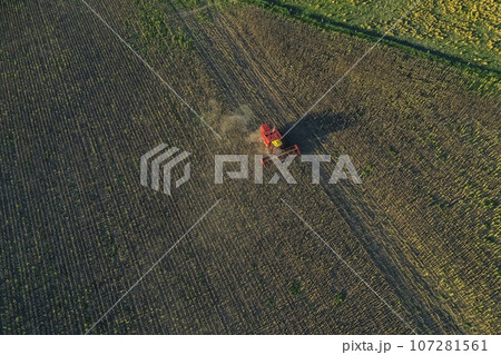 Harvester in Pampas Countryside, aerial view, La Pampa province, Argentina. Harvester in Pampas Countryside, aerial view, La Pampa province, Argentina. 107281561