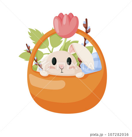 Spring Easter Bunny in a basket. Happy easter bunny with flowers and eggs. Easter bunny in cartoon style. 107282016