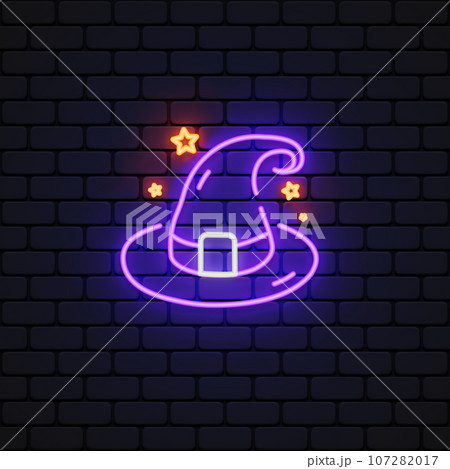 Witch hat neon in fantasy style on light background. Vector illustration 107282017