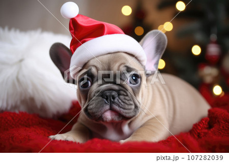 Cute French bulldog wearing santa hat on the christmas tree background 107282039
