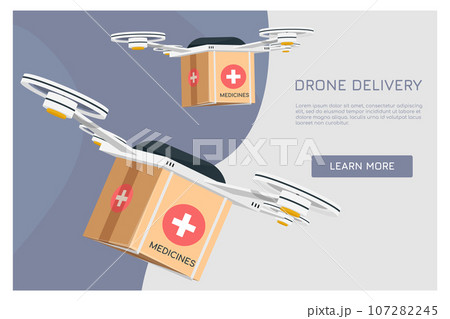Drone delivery concept vector illustration. Delivery drone with the cardboard box flying. 107282245