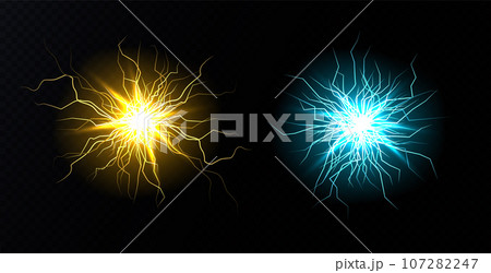 Lightnings, thunderbolt strikes isolated. Ground cracks with light inside. Powerful electrical discharge, Realistic 3d vector bolts set isolated on black background 107282247