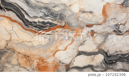 Fragment of multicolored marble stone with gold and black veins of wavy shape and volcanic structure 107282306