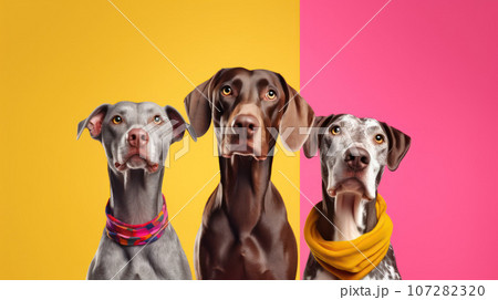 Advertising portrait, banner, funny dog family, straight look to the camera, isolated on yellow-pink background Advertising portrait, banner, funny dog family, straight look to the camera, isolated on yellow-pink background 107282320
