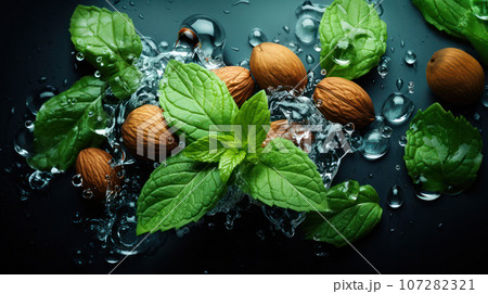 Many nuts with grean leaves perfect shape with mint and water drops, top view on a dark background Many nuts with grean leaves perfect shape with mint and water drops, top view on a dark background 107282321