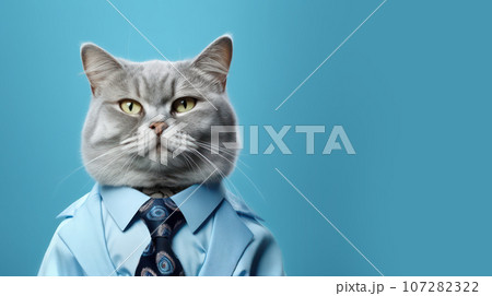 Advertising portrait, banner, serious big boss gray cat businessman, in a blue shirt, with a tie isolated on blue background Advertising portrait, banner, serious big boss gray cat businessman, in a blue shirt, with a tie isolated on blue background 107282322