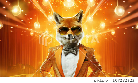 Advertising portrait, banner, beautiful fox in suit and disco atmosphere around, on colorful background 107282323