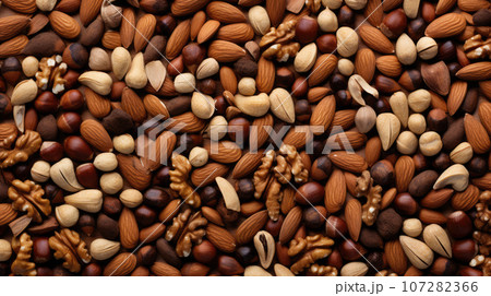 A set of different types of nuts in a heap. Advertising shot of walnut, hazelnuts, almonds and pistachios 107282366