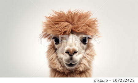 Advertising portrait, banner, funny classic alpaca with nice haircut, looks straight, isolated on gray background 107282425