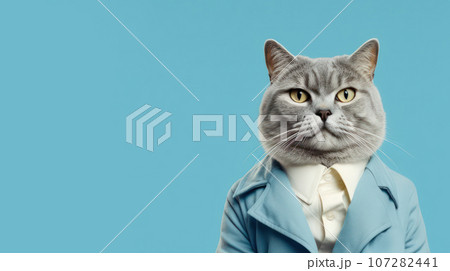 Advertising portrait, banner, serious classic gray cat big boss in suit, look straight, isolated on blue background 107282441