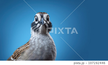 Advertising portrait, banner, classic color bird quail, straight look, isolated on blue background 107282446