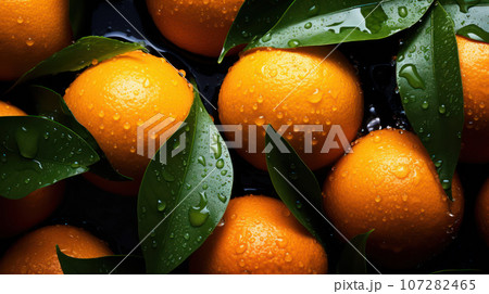 A branch of many ripe fresh oranges with green leaves and water drops on a dark background A branch of many ripe fresh oranges with green leaves and water drops on a dark background 107282465