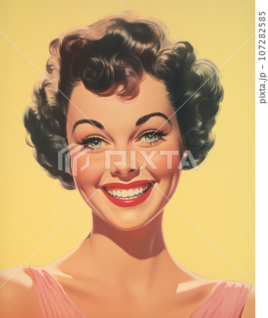 Minimalistic retro postcard of happy woman in pink dress, smiling face and open eyes, look straight on yellow background Minimalistic retro postcard of happy woman in pink dress, smiling face and open eyes, look straight on yellow background 107282585