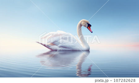 Advertising portrait, banner, swimming beautiful white swan and a reflection, isolated on light blue background 107282628