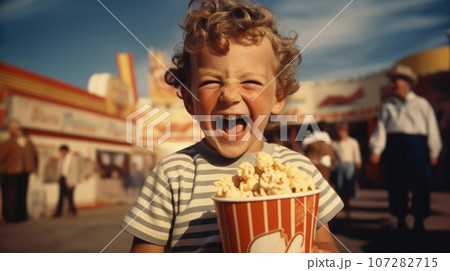 Laughing child, kid with curly hair and popcorn basket at a fair with rollercoasters, decorations and sweets in the style of the 1960s Laughing child, kid with curly hair and popcorn basket at a fair with rollercoasters, decorations and sweets in the style of the 1960s 107282715