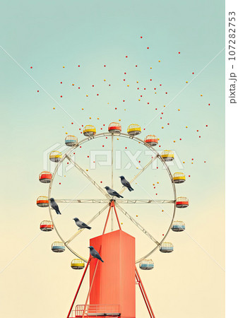 Minimalistic collage of ferris wheel with colored wagonson the roof of a skyscraper and blue sky. Surreal collage-style paintings 107282753