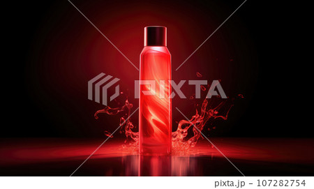Advertisiment shot of red shampoo plastic bottle as no brand mockup, presented with studio light on dark ackground Advertisiment shot of red shampoo plastic bottle as no brand mockup, presented with studio light on dark ackground 107282754