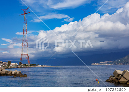 Pylon of the Torre Faro lighthouse on the island of Sicily Pylon of the Torre Faro lighthouse on the island of Sicily 107282890