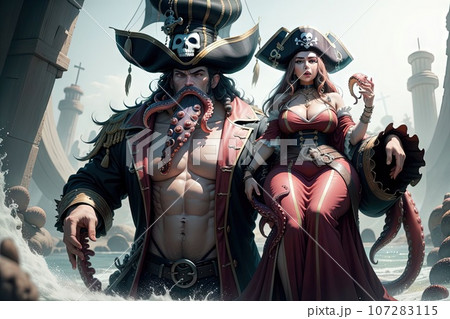 octopus and Cute pirate girl on treasure island illustration 107283115
