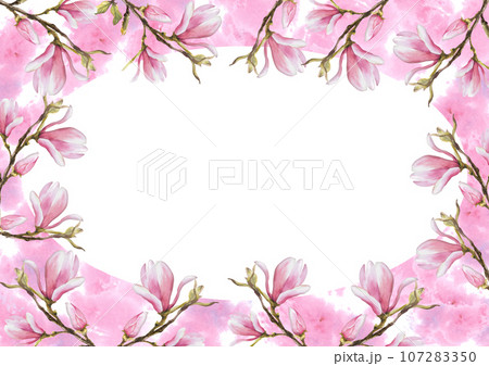 Floral frame with watercolor pink magnolias bough flowers and buds. Hand painted illustration on white background with pink watercolor stains. Design for wedding invitations and greeting cards Floral frame with watercolor pink magnolias bough flowers and buds. Hand painted illustration on white background with pink watercolor stains. Design for wedding invitations and greeting cards 107283350