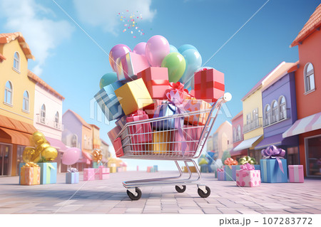 Metal supermarket shopping cart full of different colorful presents, gift boxes 107283772