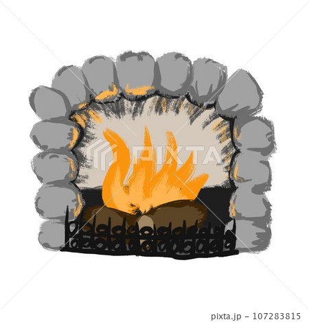 Hand drawn illsutration of grey stone fireplace with orange burning fire flames. Rustic cabin winter christmas design element, cozy architecture interior hut element, domestic chimney. Hand drawn illsutration of grey stone fireplace with orange burning fire flames. Rustic cabin winter christmas design element, cozy architecture interior hut element, domestic chimney. 107283815