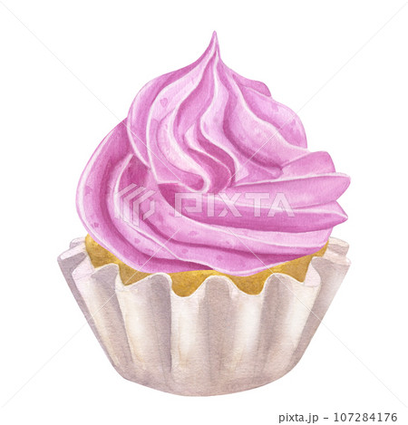 Cupcake muffin with pink cream. Sweet food clipart. Hand drawn watercolor illustration isolated on white background. Gender reveal party, baby shower. For cafe menu pastry shop 107284176