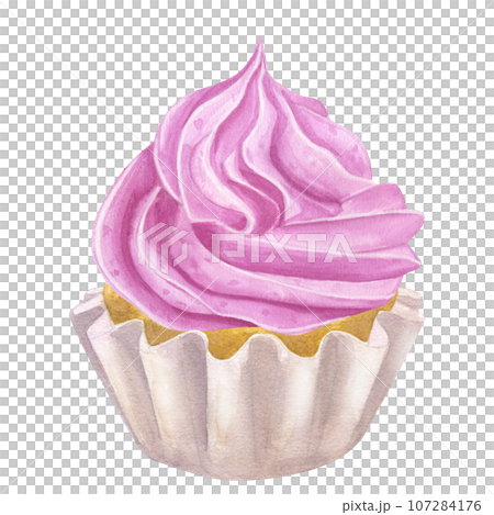 Cupcake muffin with pink cream. Sweet food clipart. Hand drawn watercolor illustration isolated on white background. Gender reveal party, baby shower. For cafe menu pastry shop 107284176