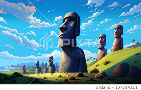 Illustration of the beautiful view of the huge statues on Easter Island, Chile Illustration of the beautiful view of the huge statues on Easter Island, Chile 107284311