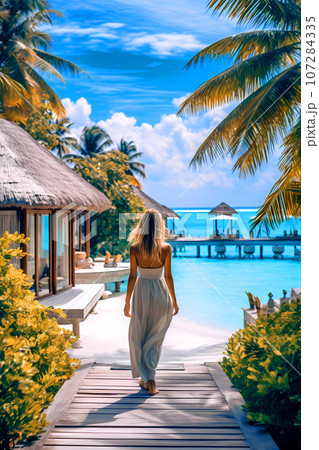 Illustration of a beautiful woman on vacation on a tropical island 107284335