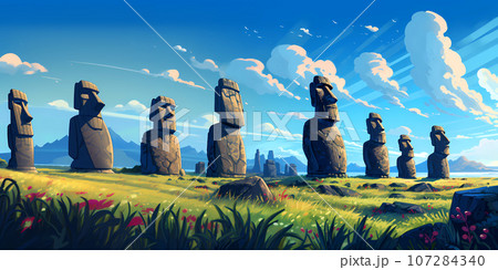 Illustration of the beautiful view of the huge statues on Easter Island, Chile 107284340