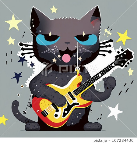 黒猫がポップな音符や星の飾りをつけたギターを弾いて、歌うアイコンの