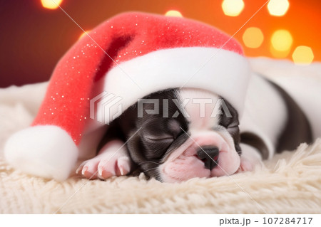 Puppy French Bulldog wearing santa hat sleeping. Christmas holiday concept. Christmas dog 107284717