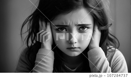 困った顔でカメラ目線の女の子・モノクロ - AI生成画像 107284737