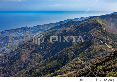 View from the Batteria Puntal Ferraro fortress of the mountains above Messina, Sicily 107285064