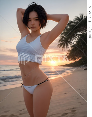夕暮れの海でビキニを着たショートカットの美少女 107285131