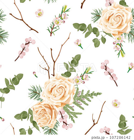 Christmas seamless pattern with beige roses, pink berries and flowers, thuja, eucalyptus, fir tree. Wedding decor. 107286142