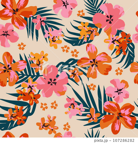 Tropical flower pattern seamless, silhouette of blooming, hand drawn botanical, Floral leaf for spring and Summer time, natural ornaments for textile, fabric, wallpaper, background design. Tropical flower pattern seamless, silhouette of blooming, hand drawn botanical, Floral leaf for spring and Summer time, natural ornaments for textile, fabric, wallpaper, background design. 107286282