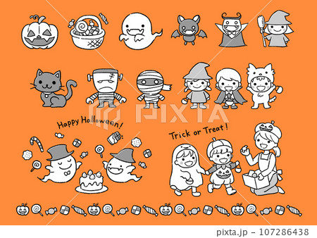 ハロウィンイラストのセット(モノクロ) 107286438