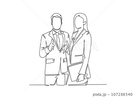 Single one line drawing group of young happy couple businessman and businesswoman standing up together with thumb up gesture. Business teamwork. Continuous line draw design graphic vector illustration 107286540