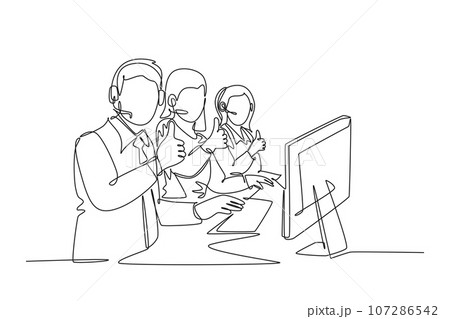 Single one line drawing group of male and female call center workers sitting in front of computer and giving thumbs up gesture. Customer service business. Continuous line design vector illustration Single one line drawing group of male and female call center workers sitting in front of computer and giving thumbs up gesture. Customer service business. Continuous line design vector illustration 107286542